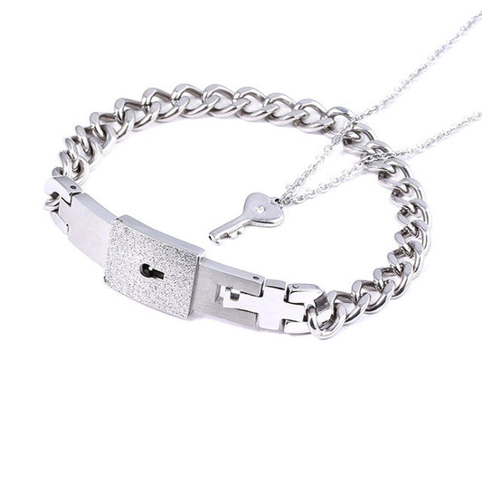 Titanium Steel Couple Love Lock Bracelet & Necklace Set – Matching Key Jewelry for Him and Her