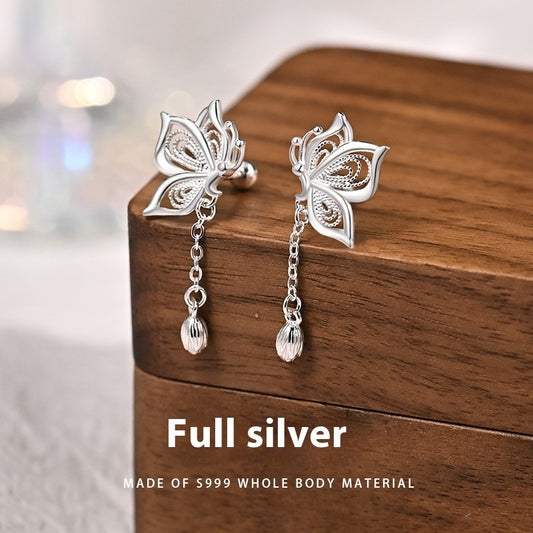 Women’s S999 Silver Sweet Tassel Butterfly Earrings – Elegant Jewelry for Women
