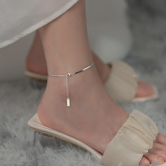S925 Silver Snake Bone Anklet – Simple Flat Chain for Women